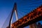 Low angle shot of an illuminated cable stayed bridge against a blue dusk sky