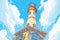 low angle shot of italianate tower against crisp blue sky, magazine style illustration