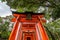 Low angle shot of a Torii gate against a cloudy sky at Fushimi Inari Taisha Kyoto Japan