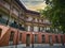 Low angle shot of traditional wooden balconies in the corner square in Valladolid, Spain