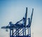 Low angle shot of two tower cranes isolated on blue sky background