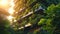 Low Angle Shot of a Vertical Forest Building, lush greenery cascading down modern architecture, dawn light piercing