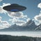 Low-angle of a UFO over the landscape, sunny mountains, lake and grass around