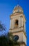 Low angle vertical shot of the bell tower of the Montevideo Metropolitan Cathedral in Uruguay