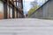 Low angle view across an old boardwalk bridge