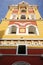 Low angle view of the artful decorated Cartagena Cathedral spire facade in Old Town Cartagena, Colombia