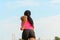 Low angle view of an athletic young woman jogging