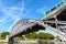 Low angle view of the Austerlitz viaduct in Paris, France, with a metro train crossing the bridge
