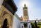 Low angle view in backlight of the minaret of the Great Mosque of Paris