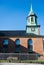 low angle view of beautiful church with clock and spire,