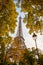 Low angle view of the Eiffel Tower in Paris, France, through the foliage of the trees in autumn