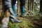 Low angle view of a group of people wearing rubber boots in the garden on a blurry background