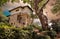 Low angle view of impressive white house estate surrounded by lush greenery