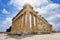 Low angle view of the marble columns of the Parthenon Temple at the Acropolis of Athens