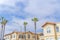 Low angle view of a mediterranean style apartment buildings in Carlsbad, San Diego, California