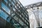 low angle view of modern Sony Center, Potsdamer Platz and blue sky in Berlin, Germany