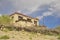 Low angle view of a old Ladakhi traditional house with sky view in Padum, Zanskar Valley, Ladakh, INDIA