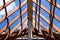 Low angle view of roof trusses and framing wooden of new house c