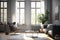 Low angle view of a scandinavian, sunlit living room interior with a gray armchair, sofa, and a big window Real photo. Generative