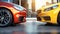 Low angle view of sleek cars parked on a city street, with the focus on the red car's alloy wheel, showcasing urban