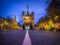 Low angle of the Waag gothic structure in Deventer, the Netherlands in an illuminated street