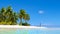 LOW ANGLE: Young woman in bikini walking along the untouched exotic shoreline