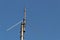 Low angle zoom-in shot of an antenna fixed to a pole with clear blue sky in the background -telecom concept