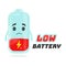 Low battery character design. Vector flat cartoon illustration. Energy power concept