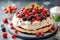 Low-calorie dessert Pavlova with fresh berries.