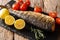 Low-calorie food of grilled pink salmon close-up on a slate board. horizontal