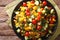 Low calorie salad of corn, tomatoes, cucumbers and pepper closeup. horizontal top view