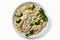 Low Carb Chicken And Broccoli Alfredo On Plate, White Background. Generative AI