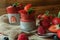 Low Carb Strawberry and chia puddings in a glass, wood background