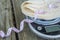 Low carb tortillas on a food scale with measuring tape on wooden background