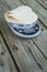 Low carb tortillas on a scale on wooden background - room for copy space