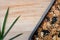 Low carbohydrate diet bakery. Whole grain bread on the wooden plate for background.