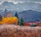 Low cloud overcast. Gloomy autumn view of Carpathian mountains.