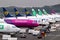 Low-cost airline passenger planes on the tarmac of Eindhoven Airport. The Netherlands - October 25, 2017