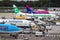Low-cost airlines passenger planes on the tarmac of Eindhoven Airport. The Netherlands - October 12, 2019