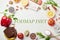 Low fodmap ingredients diet - seafish, vegetables and fruits, nuts, greens, beans. Fodmap diet concept with text in