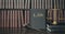 Low key filter law bookshelf with wooden judge`s gavel and golden scale