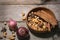 Low key of image of Selection of dried fruits, nuts cinnamon sticks, anise stars and brown sugar