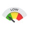 Low level risk gauge vector icon. Low fuel illustration on white