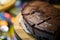 Low light photo some pieces of fresh pie in confectionery fridge on blurred background. Close-up view