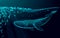 Low poly 3D whale plastic ocean pollution swimming undersea. Water surface dark night glowing wave garbage. Save help