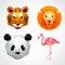 Low poly animals tiger lion panda flamingo vector set