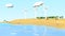 Low poly beach scene with camel and windmills