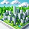 Low-poly city with building and trees.