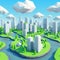 Low-poly city with building and trees.