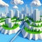 Low-poly city with building and trees.